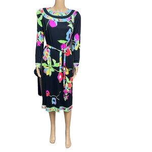 Leonard Paris Dress Floral Print Silk Jersey Mikado